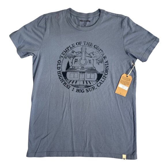 True Religion Mens Blue Graphic Tee Temple Of The Guitar Big Sur Highway 1 M NWT - Picture 1 of 8